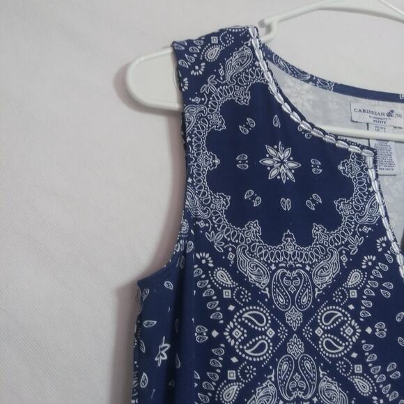 Caribbean Joe Blue Patterned Embroidered Sleeveless Resort Vacation Dress Sz PL - Picture 2 of 6